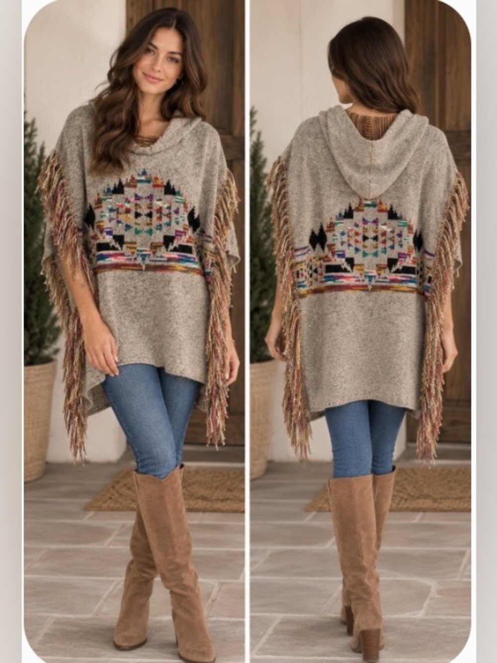 Taupe Hooded Fringe Poncho with Multicolor Aztec Band